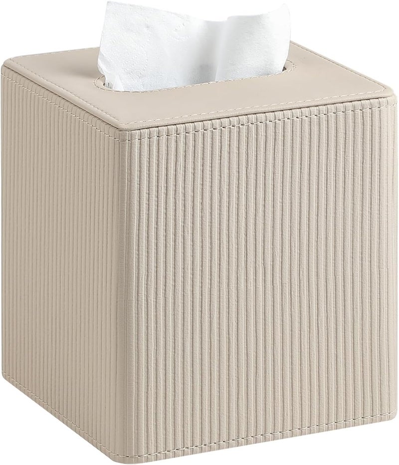 Cretkhp Tissue Box Cover Square with Magnetic Closure, PU Leather Tissue Box Holder for Bathroom NightStands Livingroom, Decorative Modern Square Tissue Holder (Beige) - Image 1